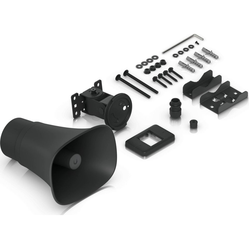 Altoparlante a tromba nero con staffa di montaggio e hardware.