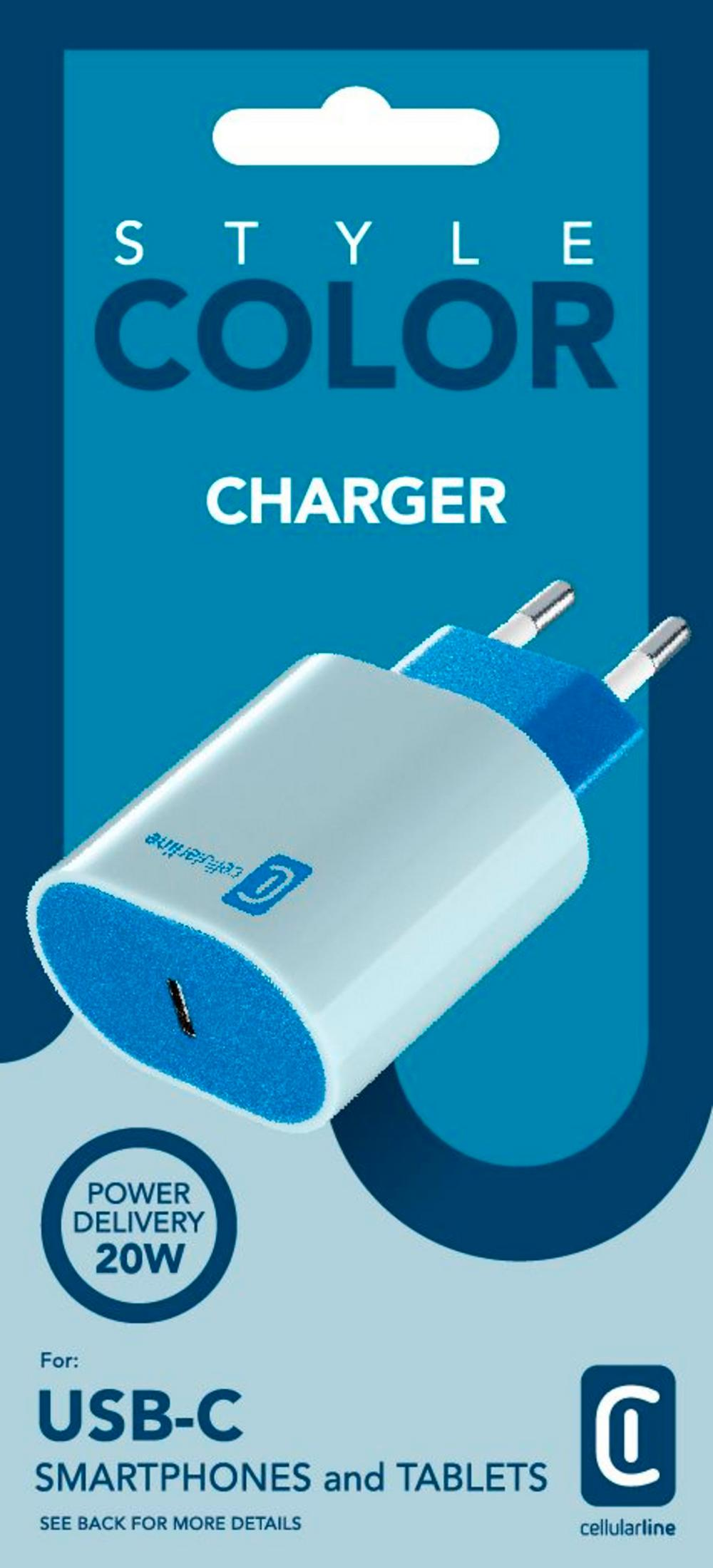 Ein weißer und blauer USB-C Ladegerät mit blauen Steckern und 20W Power Delivery.