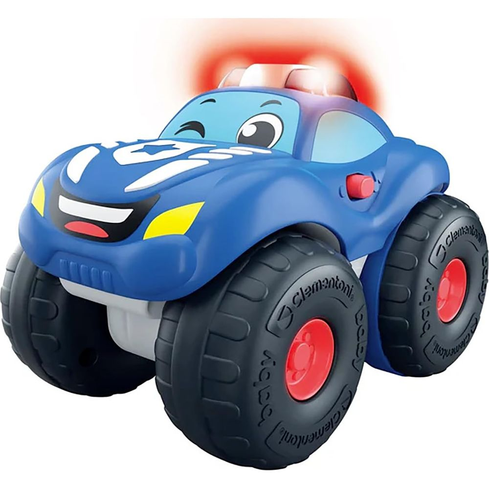 Ein blaues Spielzeugpolizeiauto mit großen Rädern und blinkenden roten Lichtern oben.