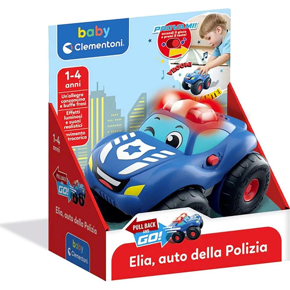 Blaues Spielzeug-Polizeiauto mit blinkenden Lichtern und Gesicht, auf Verpackung.