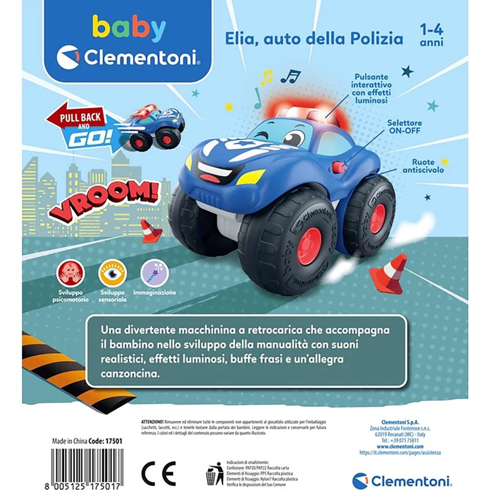 Blauer Spielzeug-Polizeiwagen mit großen Reifen und blinkenden Lichtern.