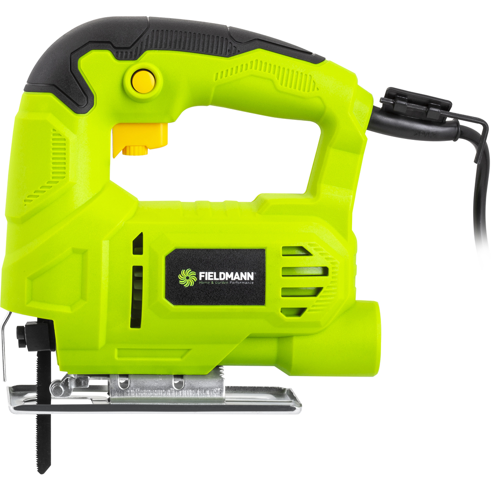 Jasnozielona wyrzynarka elektryczna z czarnym kablem i żółtymi akcentami.