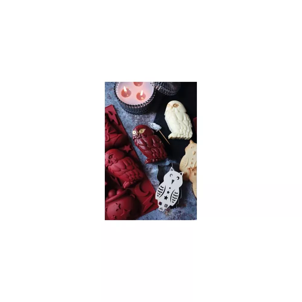 Rote und weiße Eulenformen aus Schokolade mit Kerzen und einem Hexenkessel.