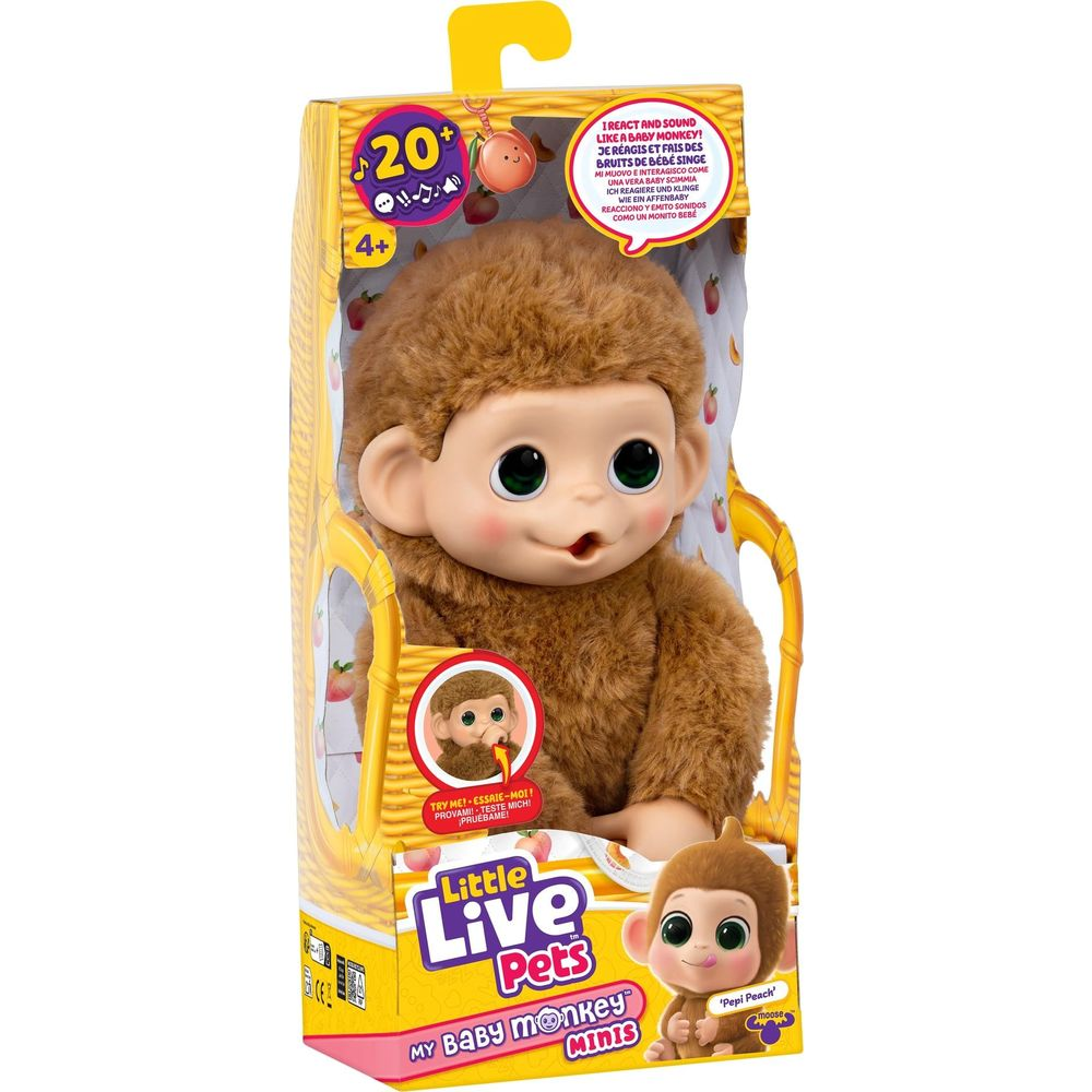 Un mono de peluche marrón con ojos grandes en una caja amarilla.