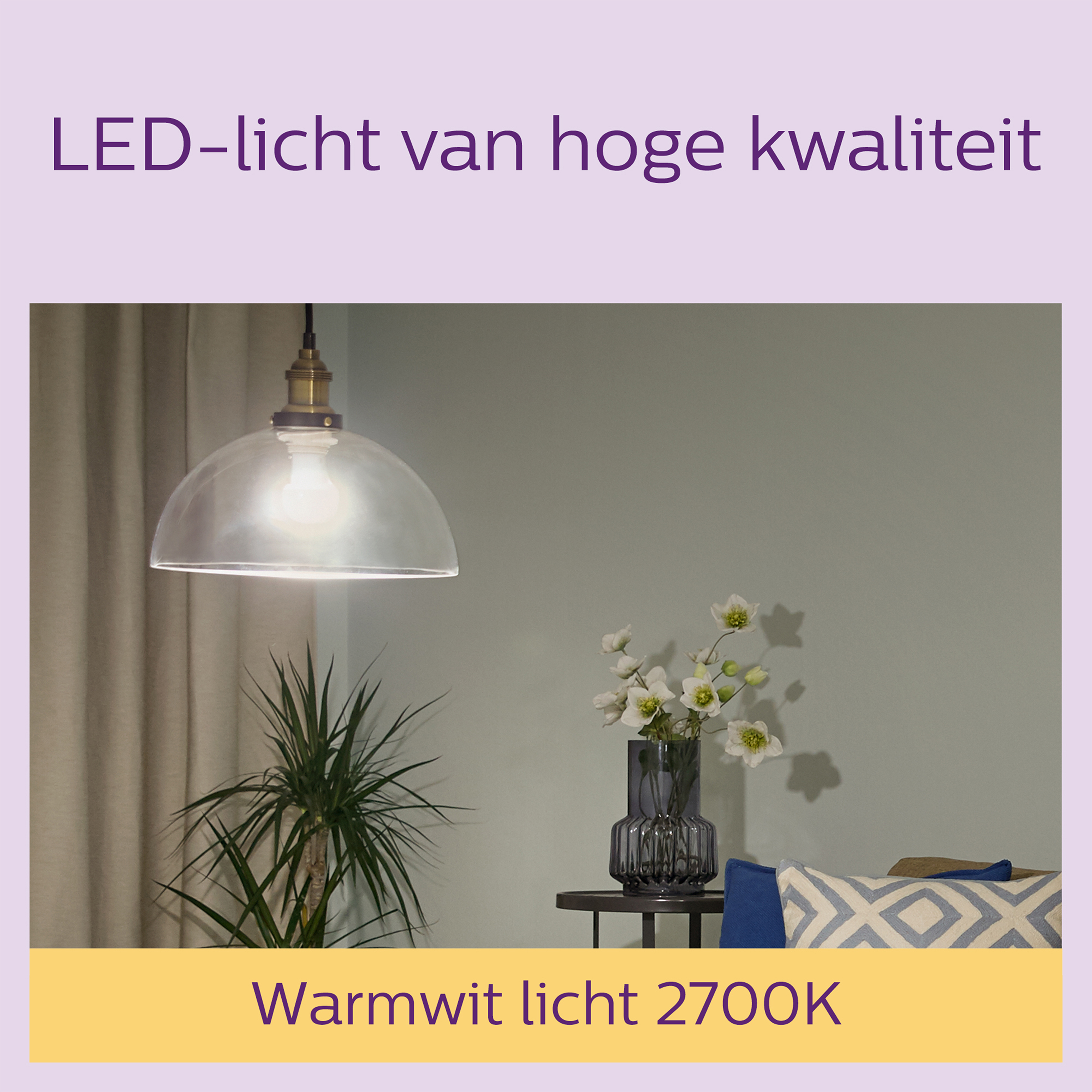 Lampada a sospensione con paralume in vetro, pianta e fiori.