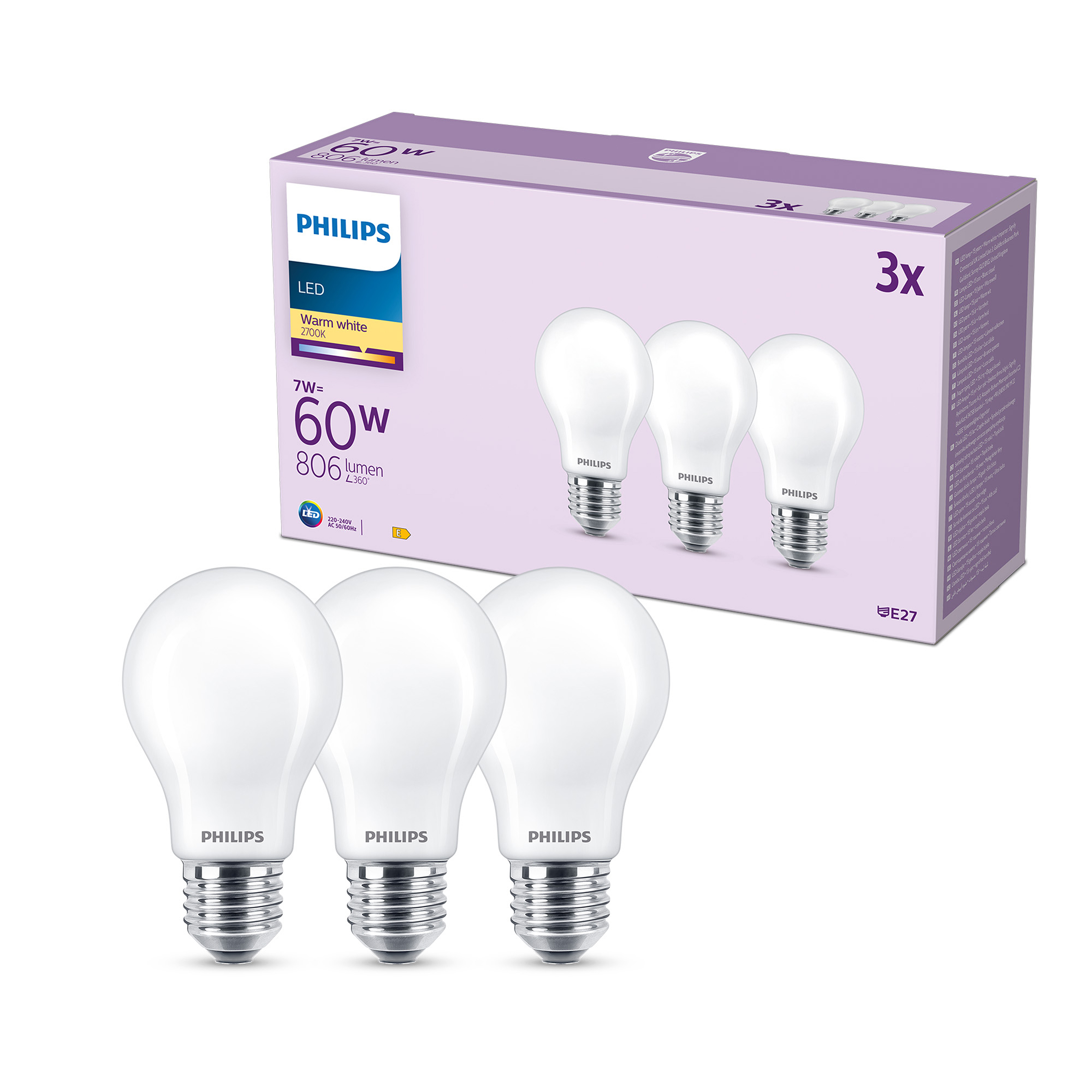 Confezione da tre lampadine LED Philips, E27, bianco caldo, 7W pari a 60W.