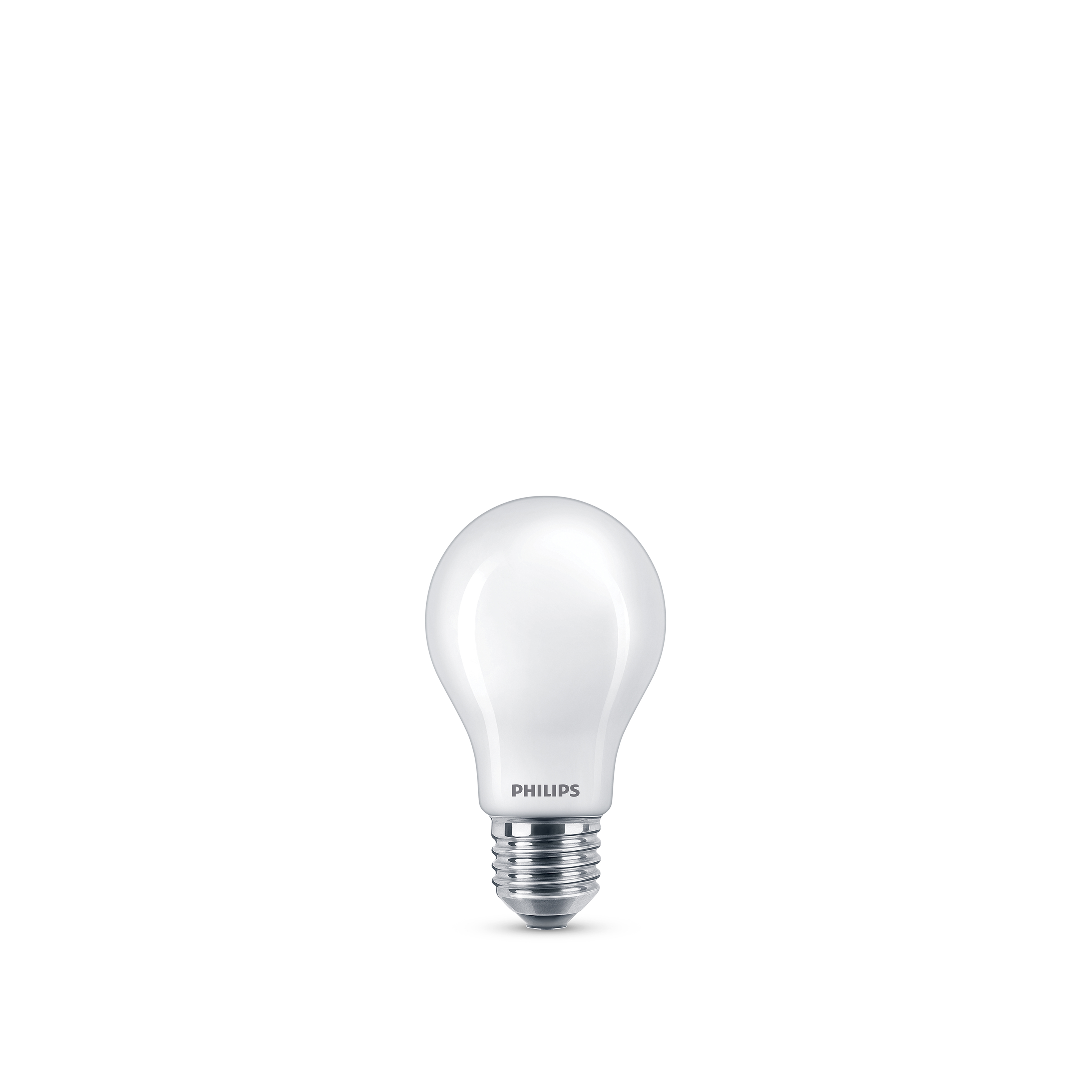 Una lampadina Philips bianca con base a vite su sfondo bianco.