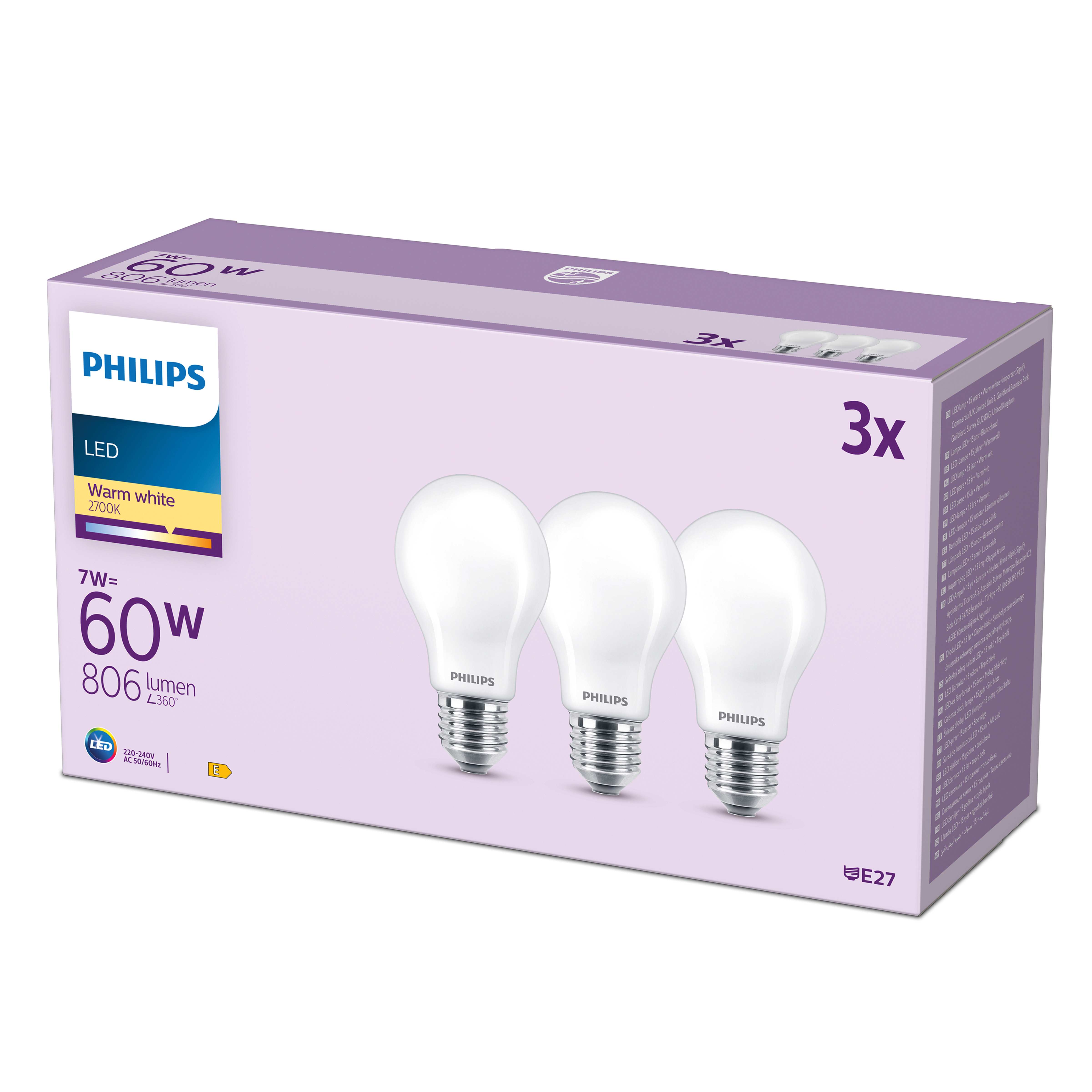 Confezione da tre lampadine LED Philips, bianco caldo, 7W=60W.