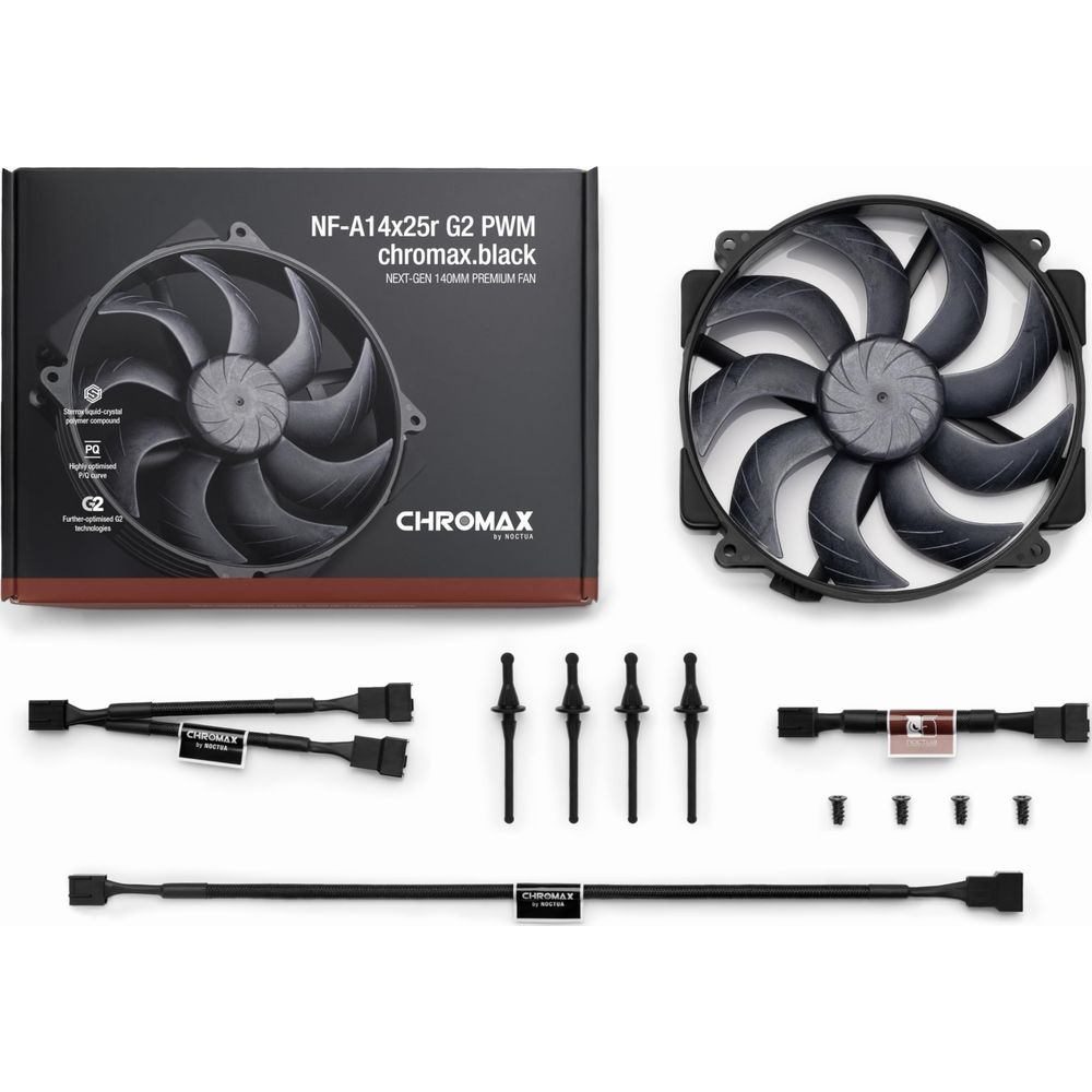 Zwarte 140 mm pc-ventilator met accessoires: ventilator, kabels en bevestigingsmateriaal.