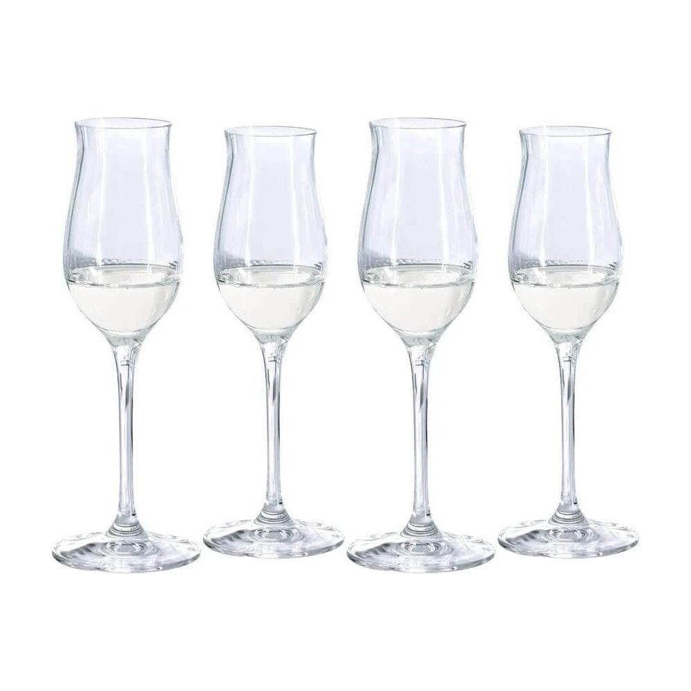 Vier Weingläser mit weißem Wein auf weißem Hintergrund.