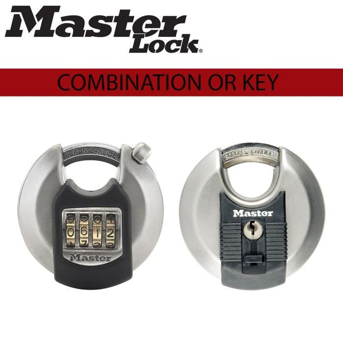 Zwei Master Lock Vorhängeschlösser: eines mit Zahlenschloss, eines mit Schlüsselloch.