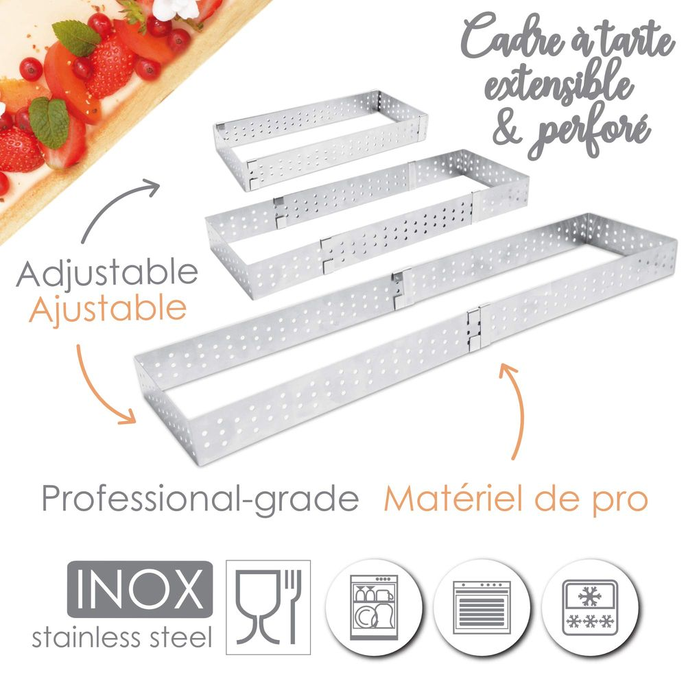 Verstellbare, perforierte Rechteckformen für Kuchen, aus Edelstahl.