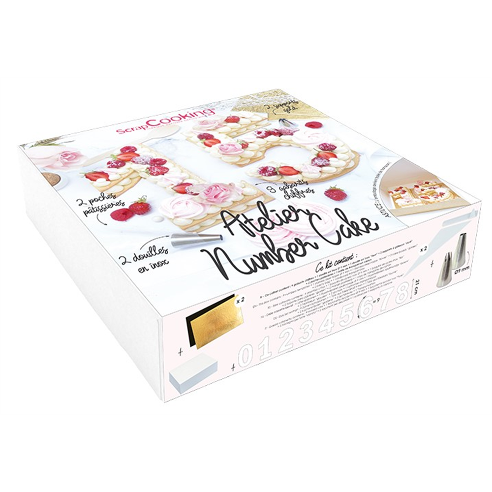 Verpackung für einen Kuchen-Set mit Schablonen und Zubehör zur Herstellung von Nummernkuchen.