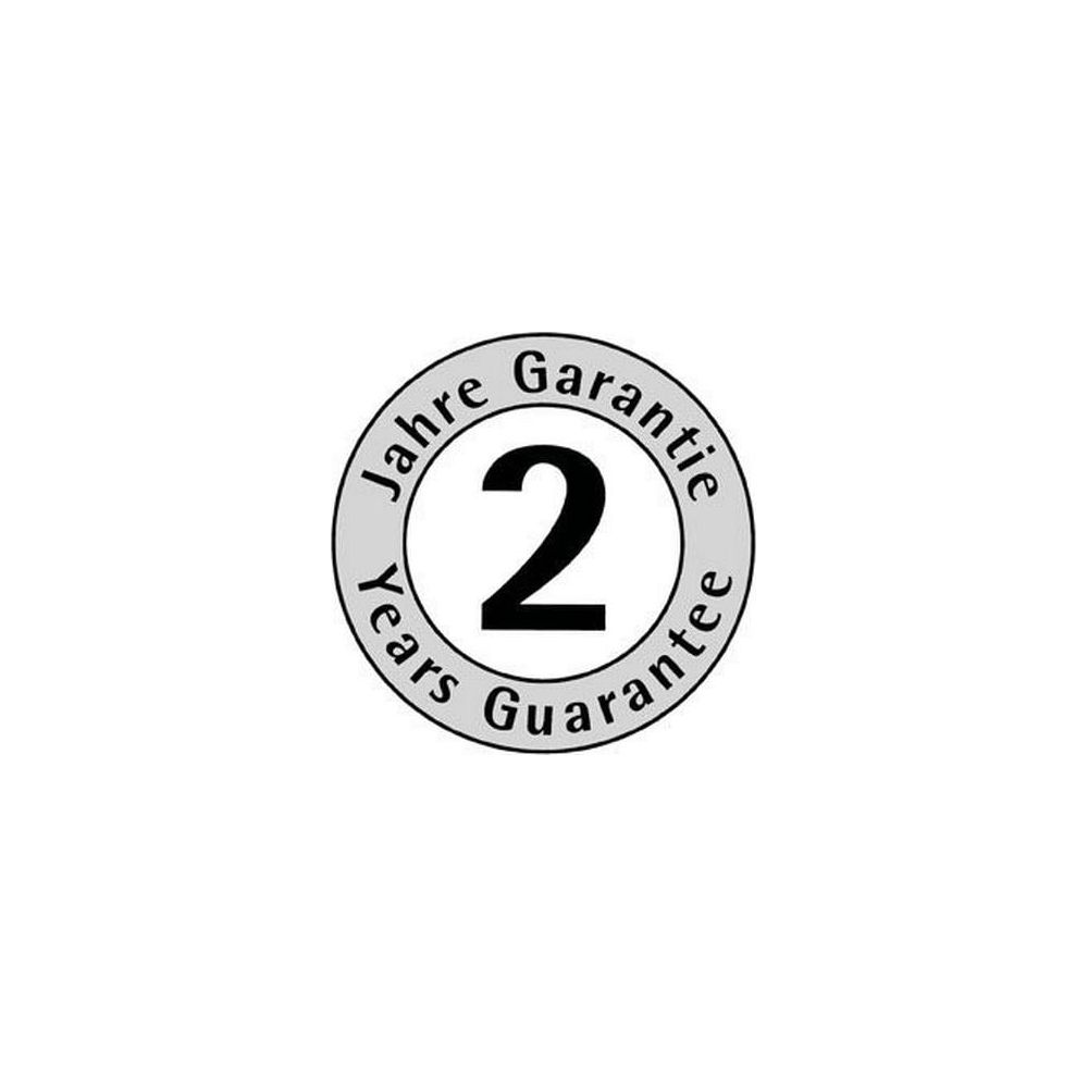 Ein Kreis mit '2 Jahre Garantie' und '2 Years Guarantee'.