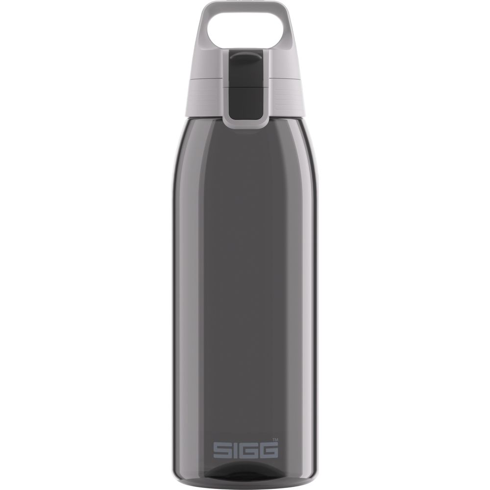 Graue SIGG-Trinkflasche mit weißem Griff und Deckel.