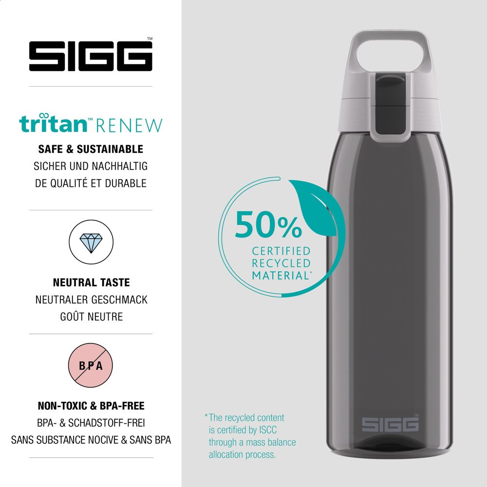 Graue SIGG Tritan Renew Wasserflasche mit weißem Deckel, 50% recycelt.