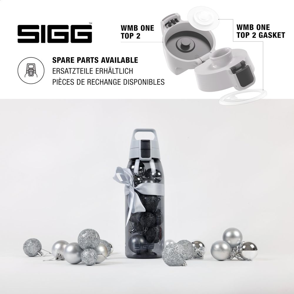 SIGG-Flasche mit silbernen und schwarzen Kugeln, Ersatzteile verfügbar.