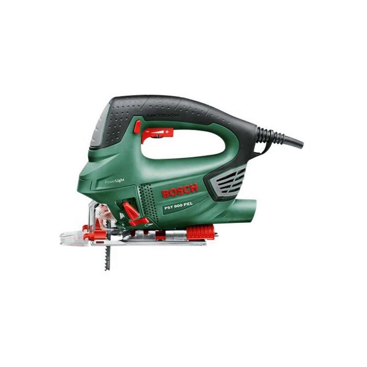 Zielona wyrzynarka Bosch PST 900 PEL z czerwonym uchwytem na białym tle.