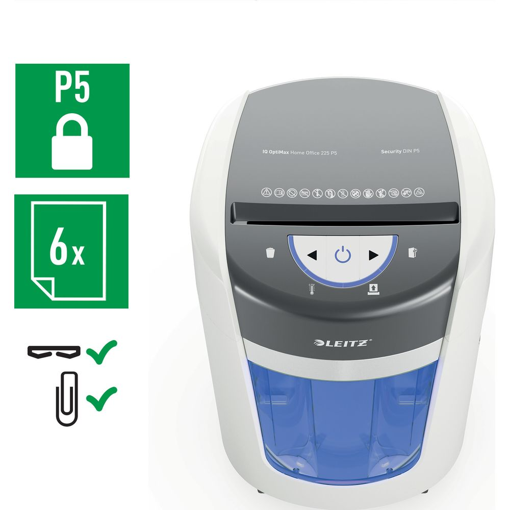 Ein Leitz Aktenvernichter mit blauem Behälter. Links grüne Icons: P5, 6x Blatt, Büroklammer.