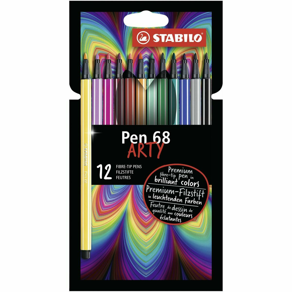 Verpackung mit 12 Stabilo Pen 68 Arty Filzstiften in bunten Farben.