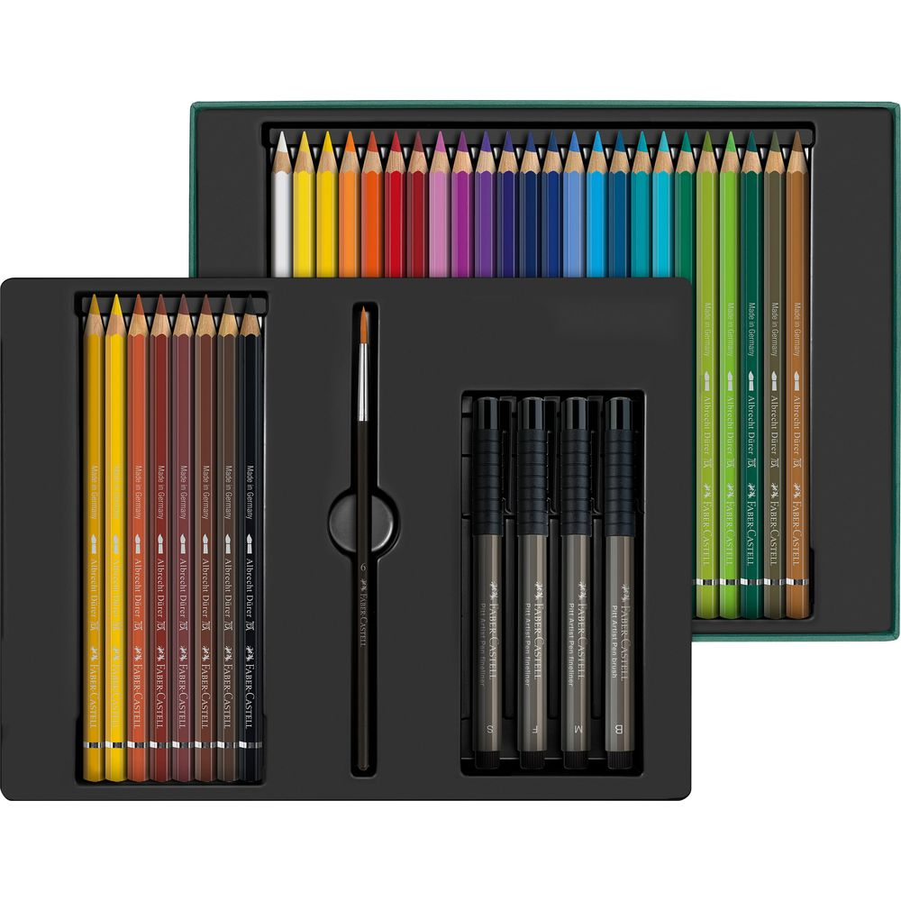 Ein Set von Faber-Castell Zeichenwerkzeugen: Buntstifte, Filzstifte und ein Pinsel.
