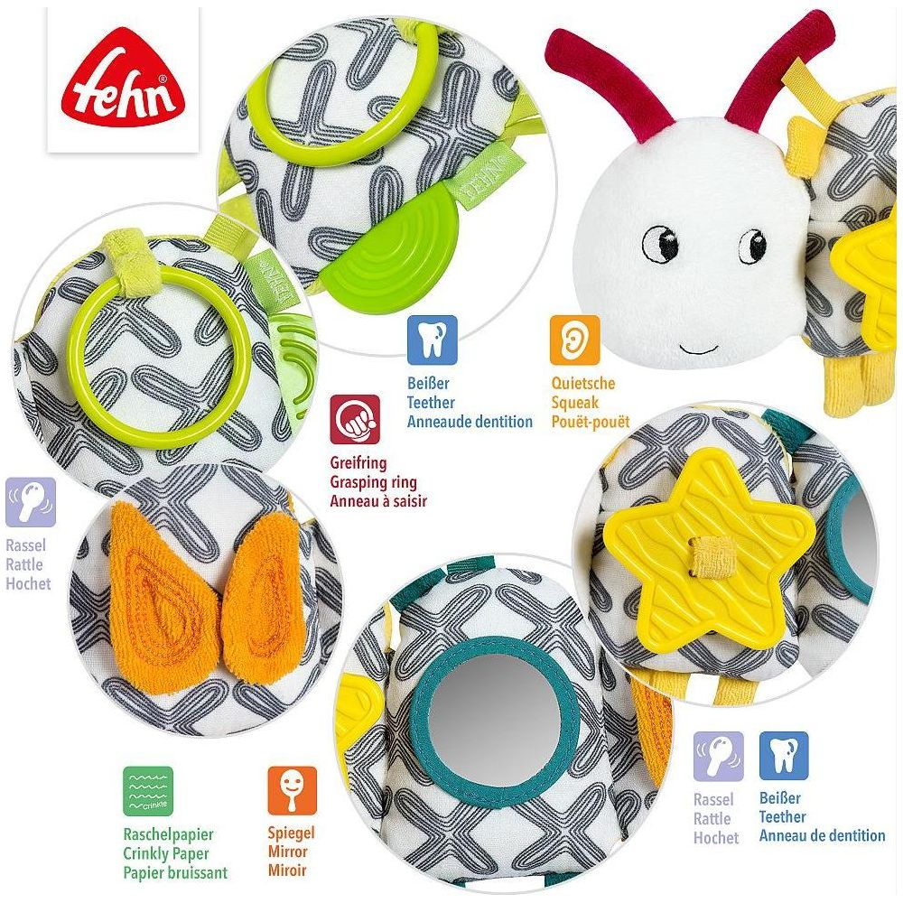Ein buntes Babyspielzeug mit verschiedenen Texturen, Ringen und einem Spiegel.