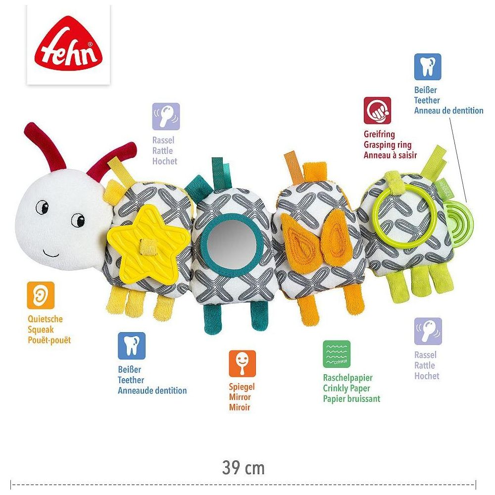 Buntes Stoff-Raupen-Spielzeug mit Stern, Spiegel und Ringen.