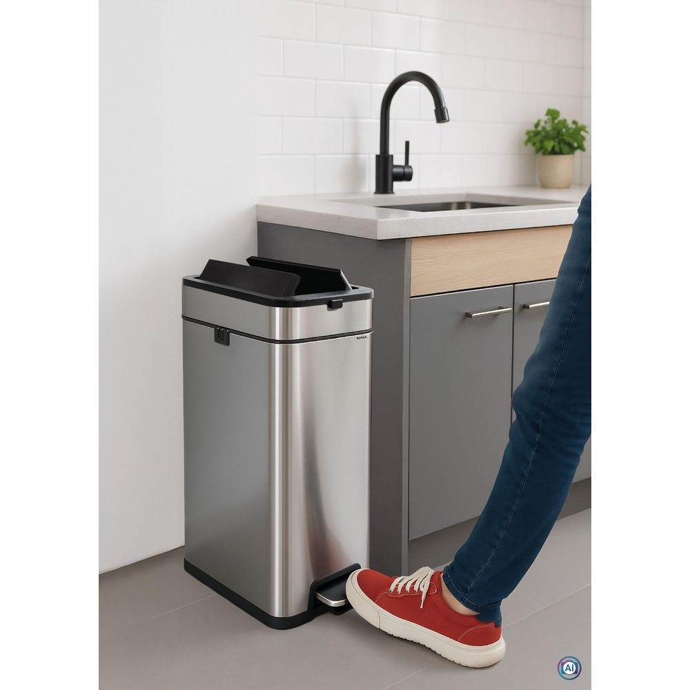 Edelstahl-Mülleimer mit Fußpedal neben einer Spüle mit schwarzem Wasserhahn.