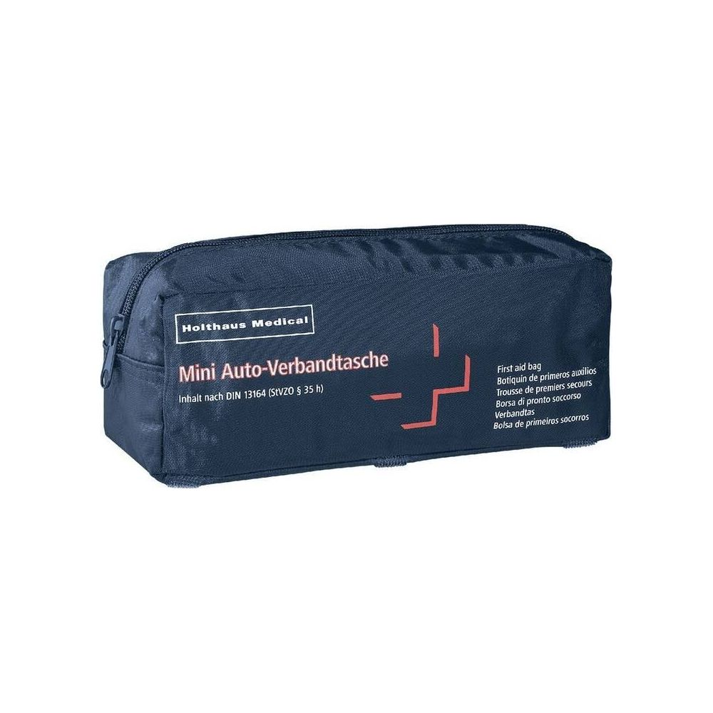 Eine dunkelblaue Tasche mit der Aufschrift "Holthaus Medical Mini Auto-Verbandtasche".