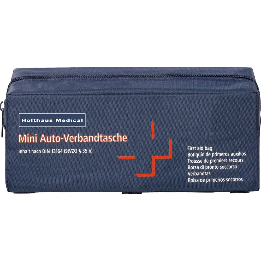 Dunkelblaue Verbandtasche mit weißem Logo und roten Kreuz-Symbol.