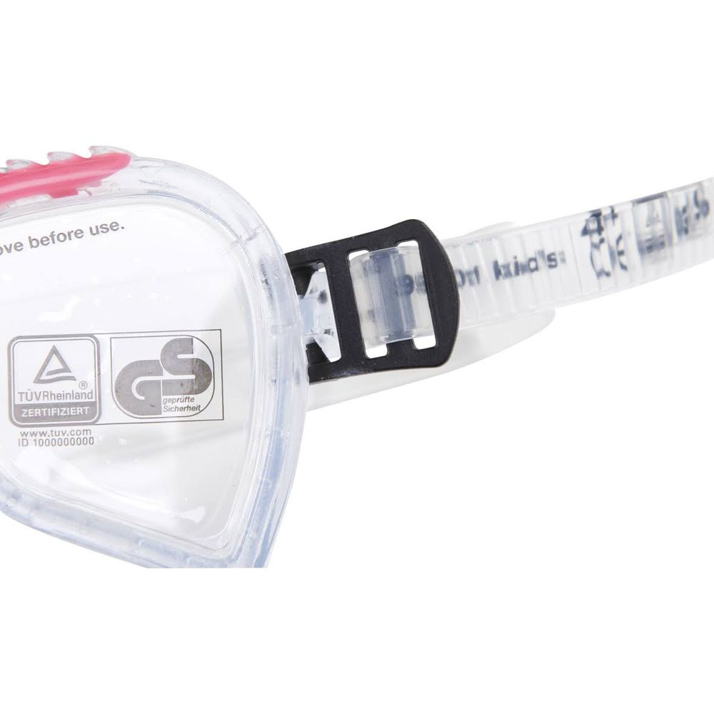 Schwimmbrille mit TÜV-Siegel, verstellbarem Band und pinkem Detail.