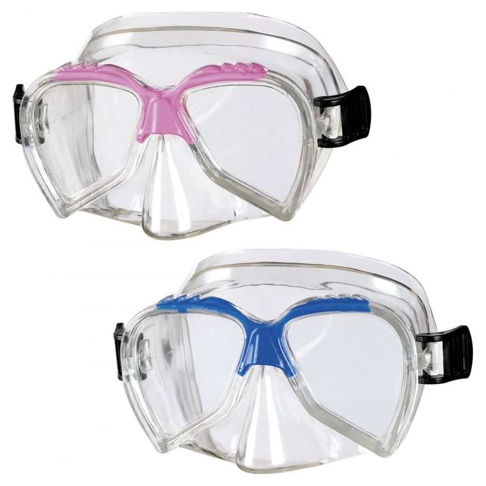 Zwei klare Tauchmasken. Obere Maske mit pinken Akzenten, untere mit blauen.