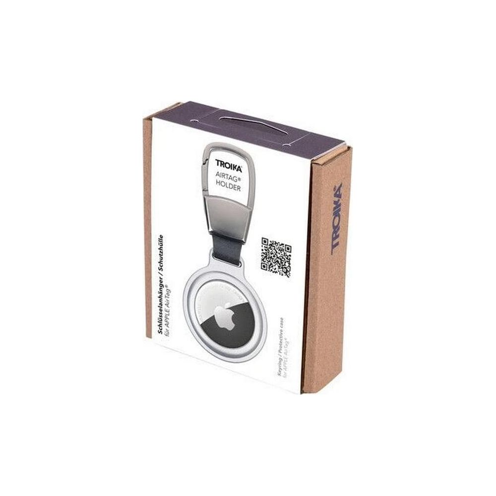 Verpackung eines Troika AirTag Halters mit Schlüsselanhänger in Silber und Schwarz.