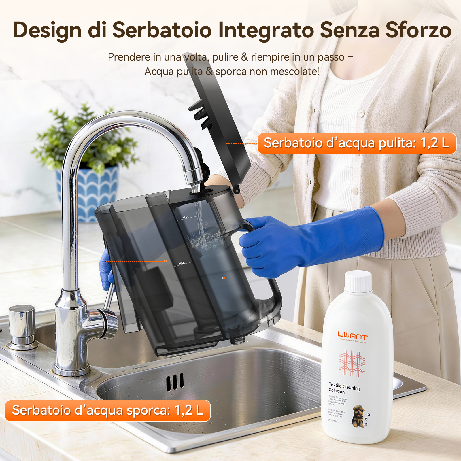 Persona con guanti blu svuota un serbatoio acqua sporca sotto un rubinetto. Serbatoio acqua pulita.