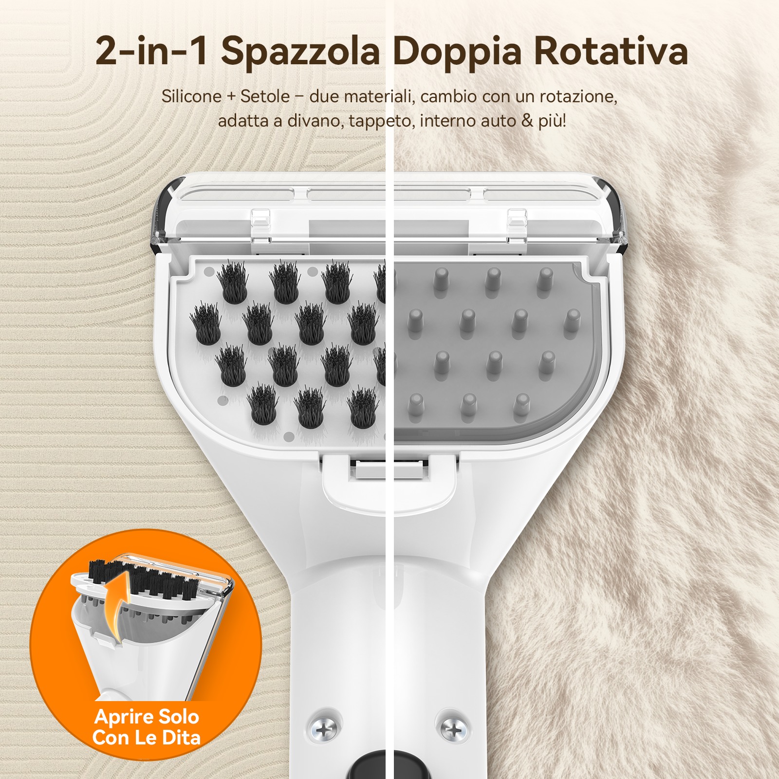 Spazzola rotativa 2-in-1 con setole e silicone.