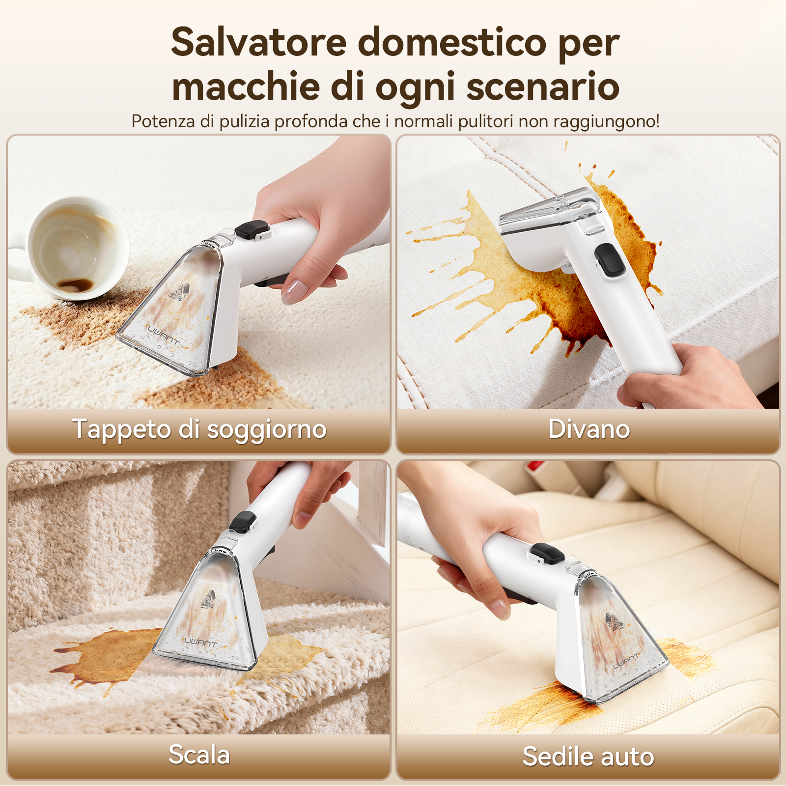 Un dispositivo di pulizia bianco rimuove macchie da tappeto, divano, scale e sedile auto.