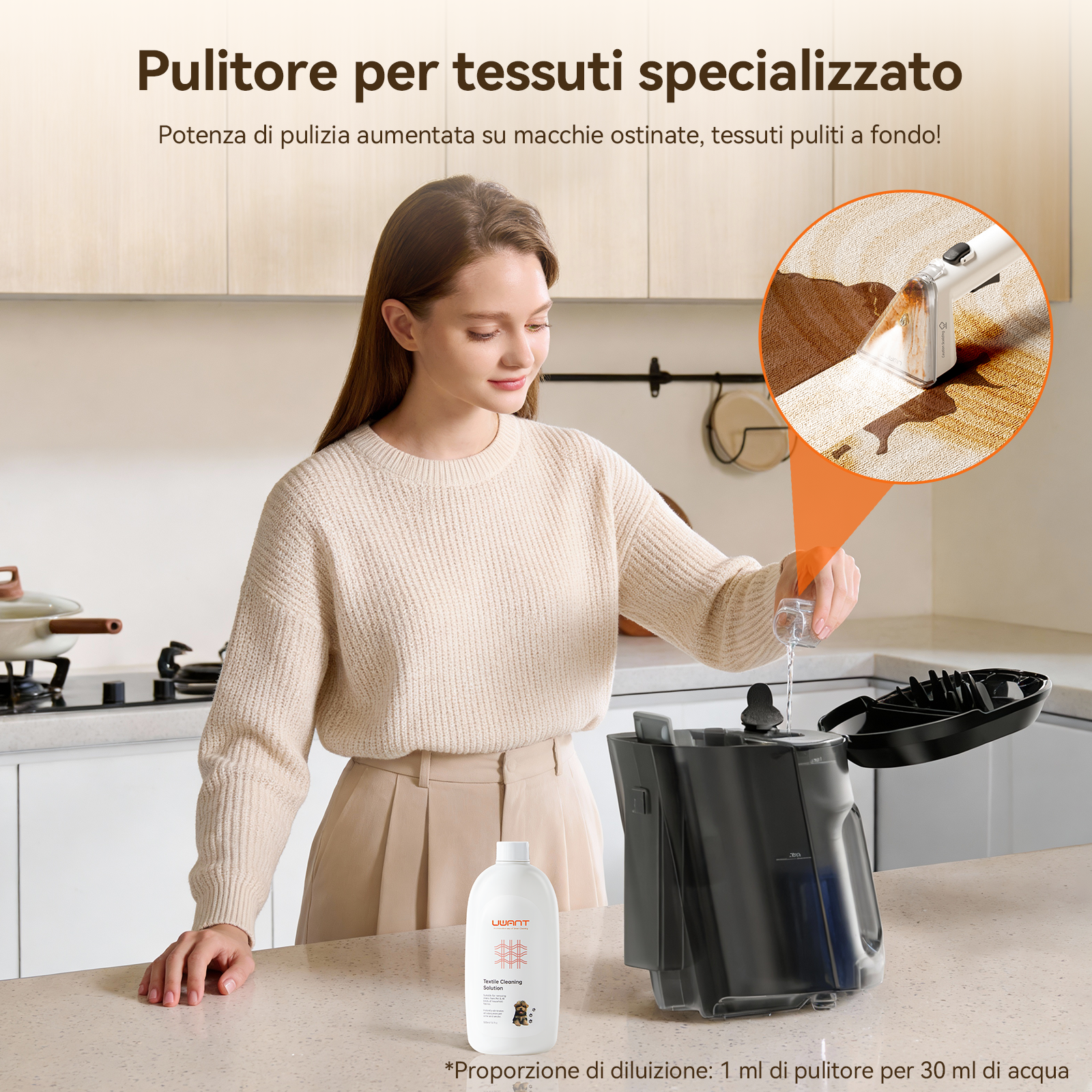 Una donna versa liquido in un pulitore. L'inserto mostra un pulitore su un tappeto macchiato.