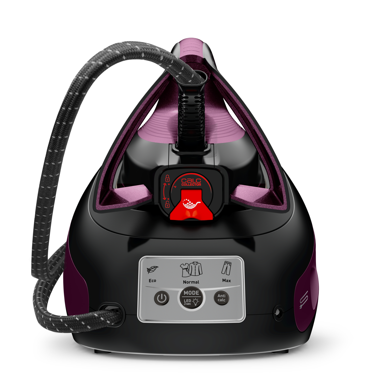 Ferro da stiro a vapore nero con accenti viola e display digitale.