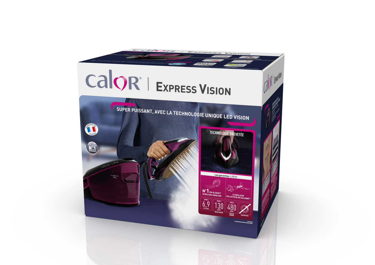 Confezione di un ferro da stiro a vapore Calor Express Vision, che mostra un ferro in uso con vapore.