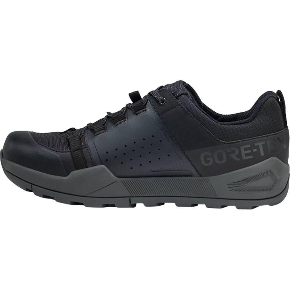 Schwarzer Schuh mit Gore-Tex-Logo und Schnürsenkeln.
