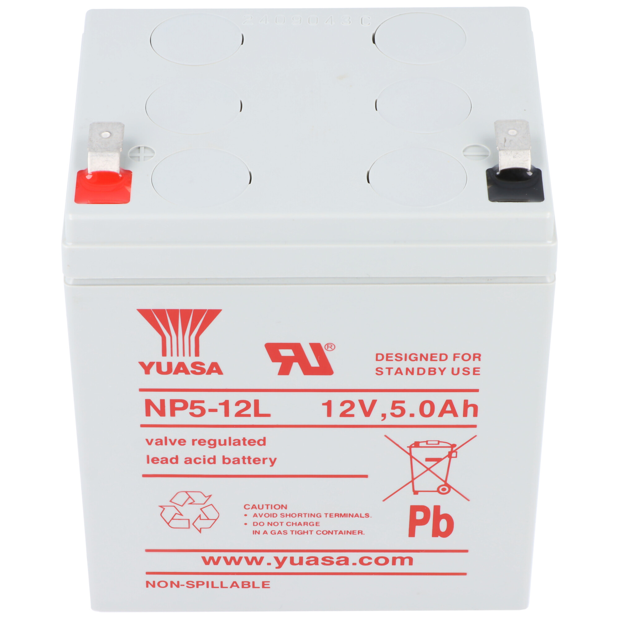 Batteria al piombo sigillata Yuasa NP5-12L 12V 5.0Ah grigia con terminali rosso e nero.