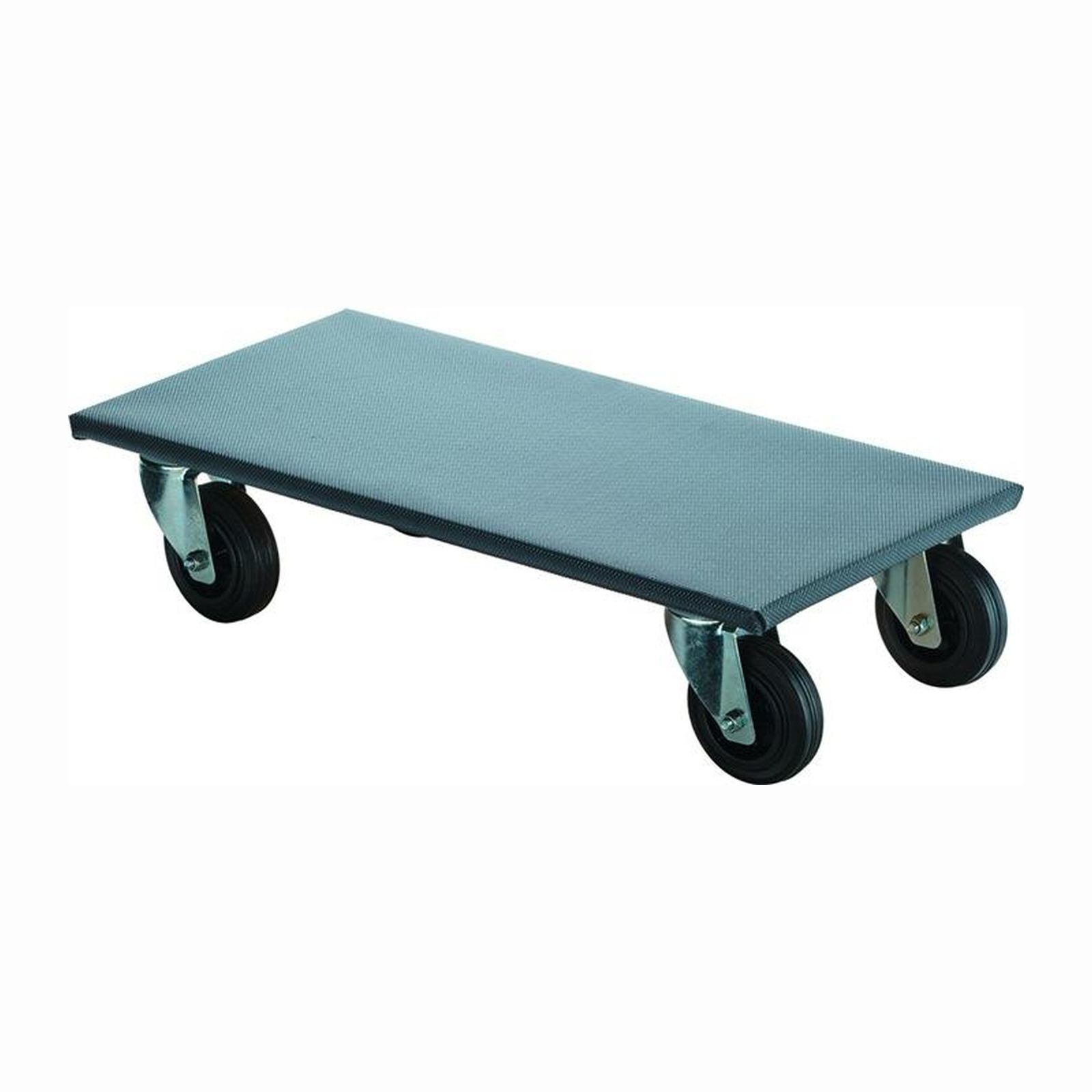 Grauer Rollwagen mit vier schwarzen Rädern und Metallhalterungen.