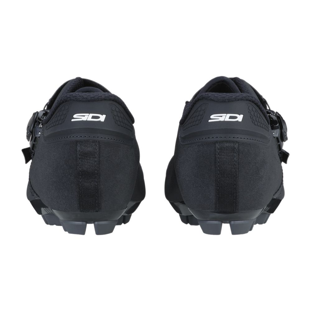 Schwarze Radschuhe mit Schnallen und Sidi-Logo, Rückansicht.