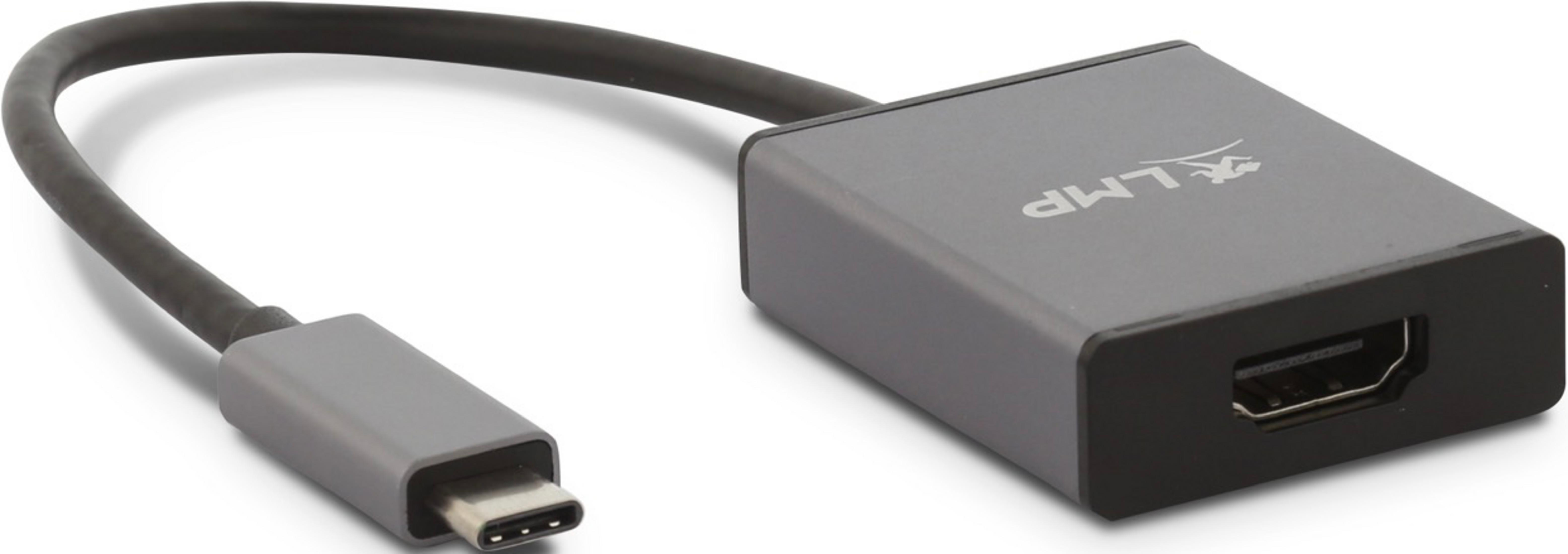Ein grauer USB-C-zu-HDMI-Adapter mit LMP-Logo auf einem weißen Hintergrund.