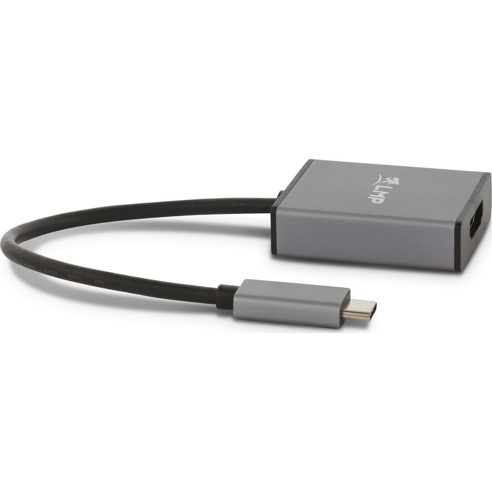 Ein grauer USB-C-Adapter mit HDMI-Anschluss und einem Kabel.
