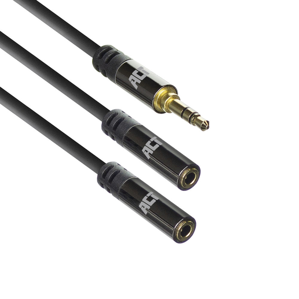 Ein schwarzes Audiokabel mit einem Stecker und zwei Buchsen.