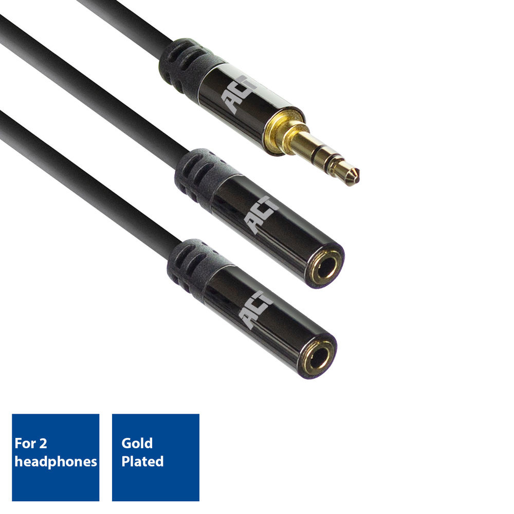 Ein schwarzes Audiokabel mit einem Stecker und zwei Buchsen, Gold kontaktiert.