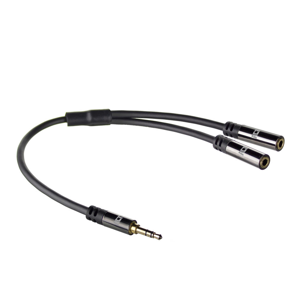 Ein schwarzes Audio-Splitterkabel mit einem männlichen 3,5-mm-Klinkenstecker und zwei Buchsen.