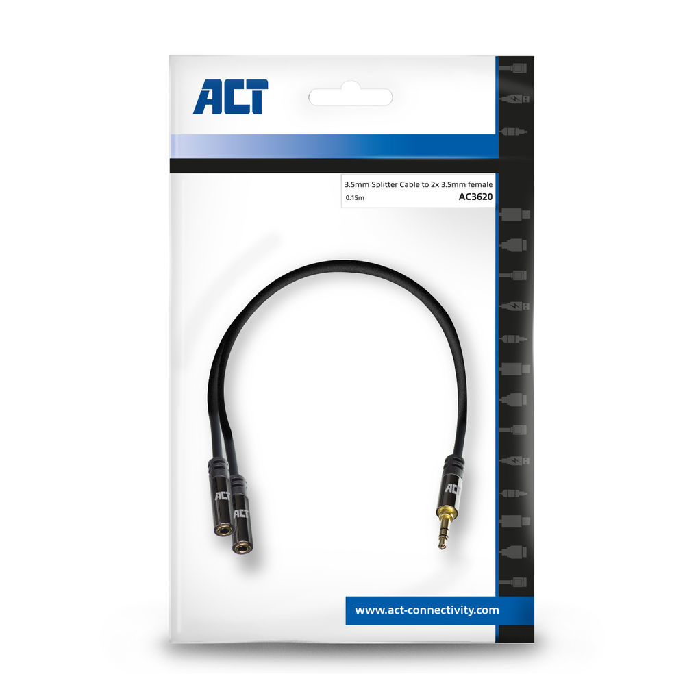 ACT 3,5-mm-Splitterkabel, 0,15 m, schwarz, mit einem männlichen und zwei weiblichen Anschlüssen.