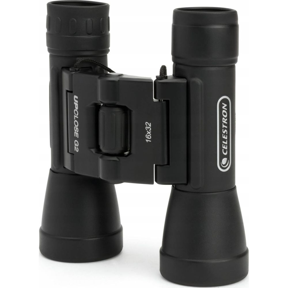 Binocolo nero con etichette "CELESTRON" e "UPCLOSE G2 16x32".